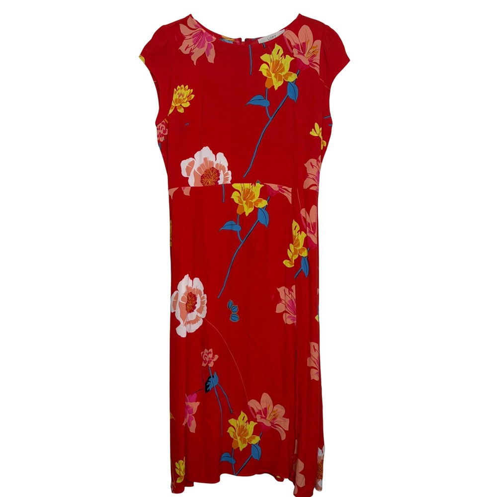 LOFT‎ Red Floral Cap Sleeve Midi Dress Side Slit Size 8 NWT